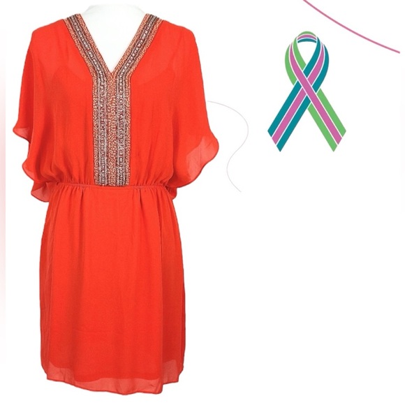 Belle Badgley Mischka Beaded V Neck Boho Chiffon Mini Dress Orange Red Sz 12 - Picture 2 of 13